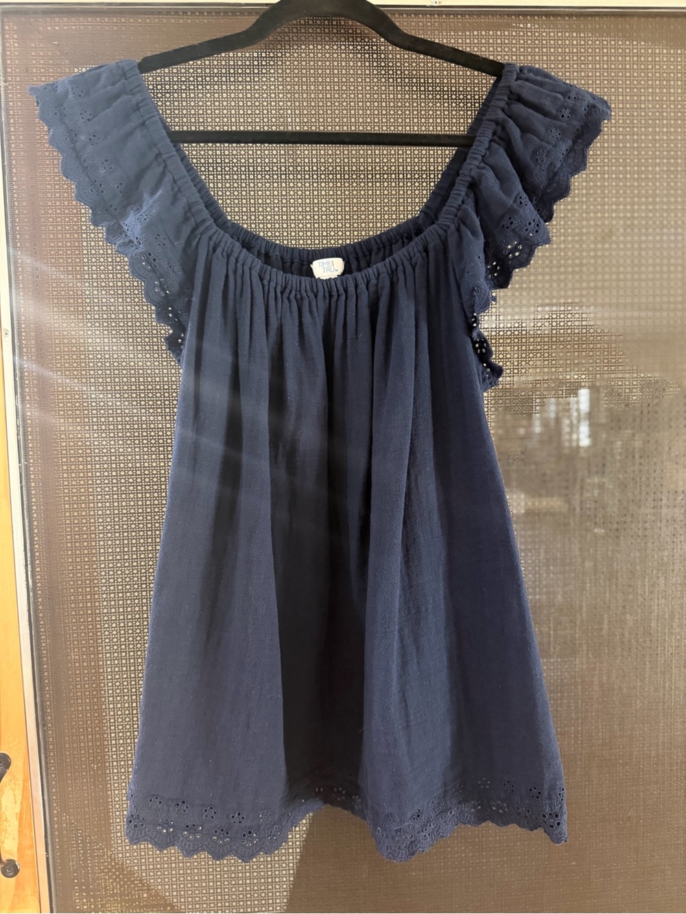Time and Tru Navy Eyelet Off-Shoulder Tunic